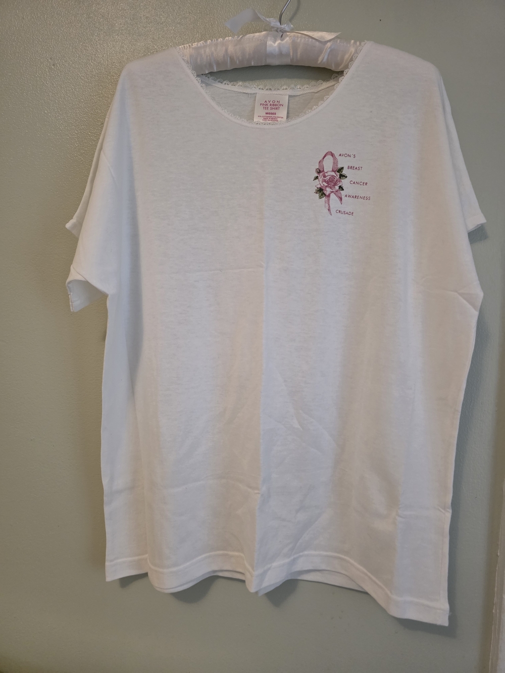 Avon Pink Ribbon Tee with Rose Graphic - White